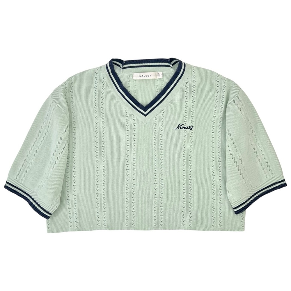 MOUSSY Cropped Knit - Mint Green & Navy Blue Pontelle Knit V-Neck Loose Fit Top